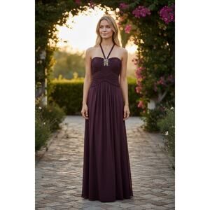 BCBGMAXAZRIA Women’s Size 0 Plum Halter Evening Gown Beaded Formal Dress
